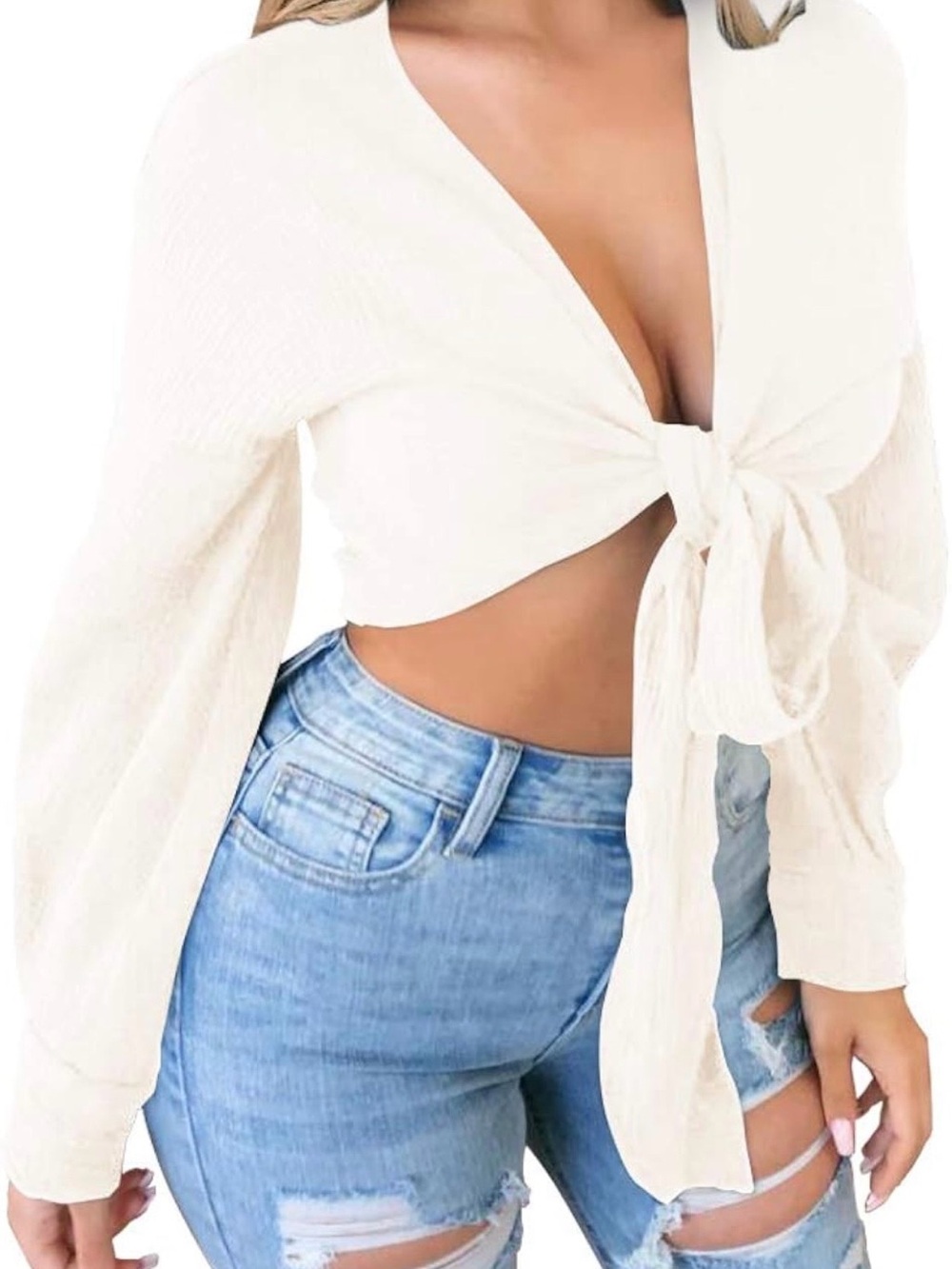 Women's Cream Tie-Front Crop Top